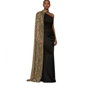 BLITHE One Shoulder Gold Full Cape Sleeve Choker Collar Black Jumpsuit NWT Sz S